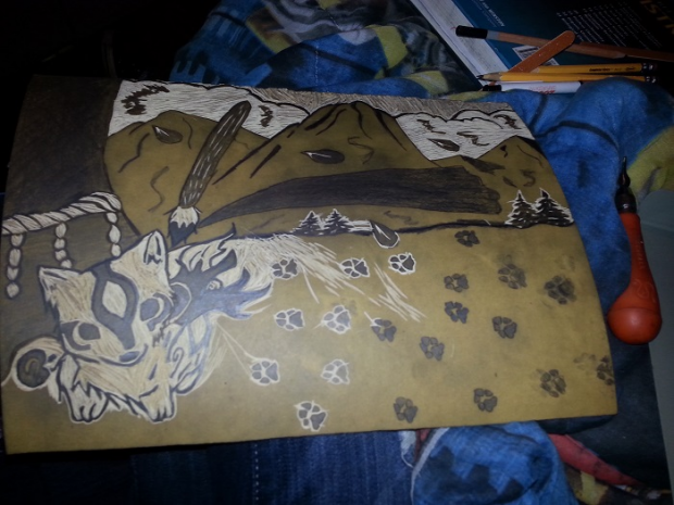 Okami Linoleum Block Progress