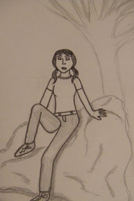 Girl Sitting On Rock Under Tree