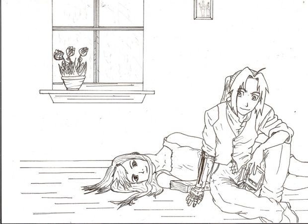 Ed and Winry inside on a Rainy Day (line art ver)