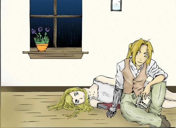 Ed and Winry inside on a Rainy Day(colored ver)
