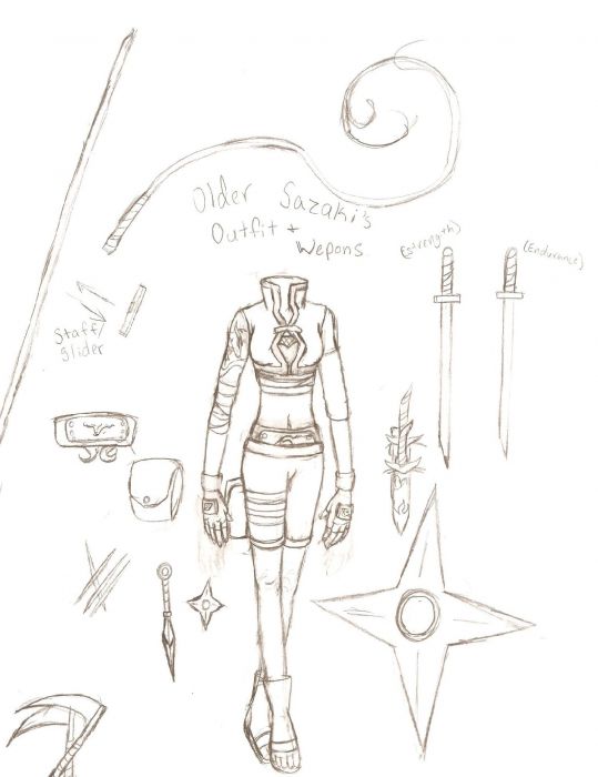 Older Sazaki's Outfit And Wepons