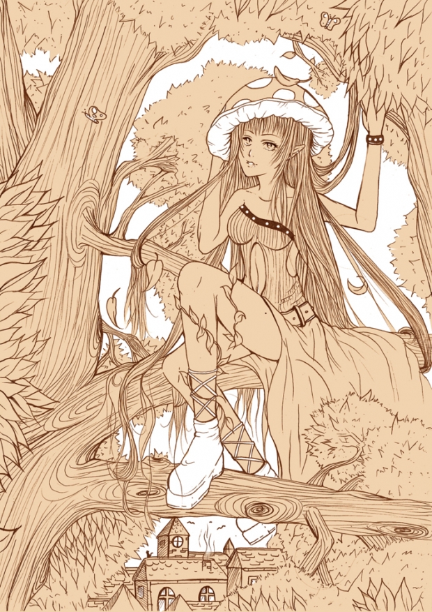 Girl in tree lineart