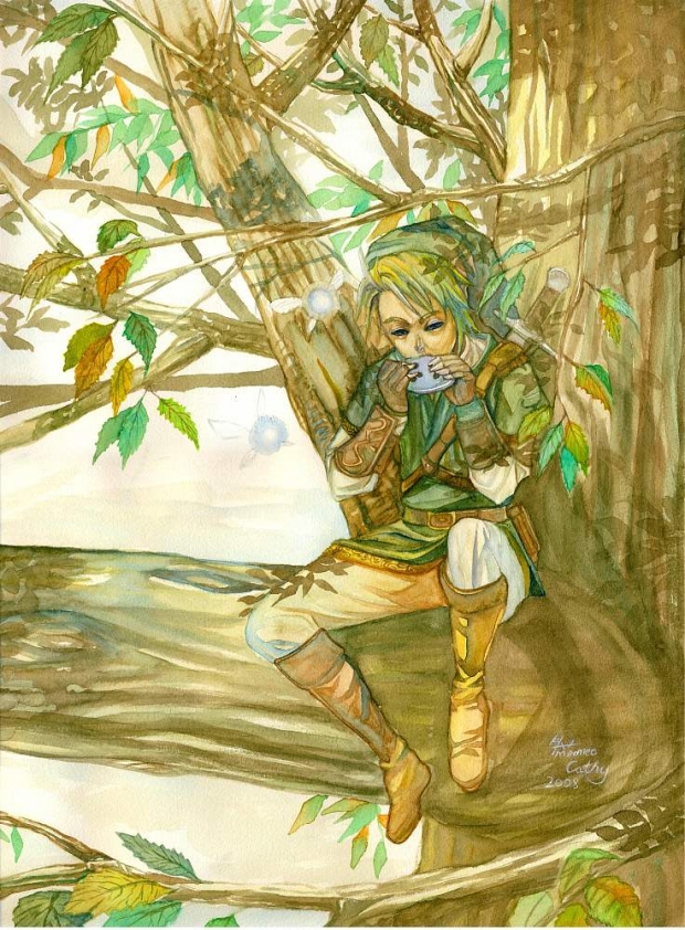 Link sitting on tree
