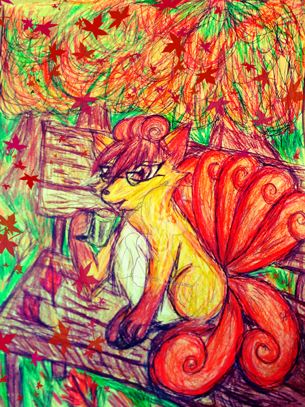 Coffee Drinking Vulpix in Fall