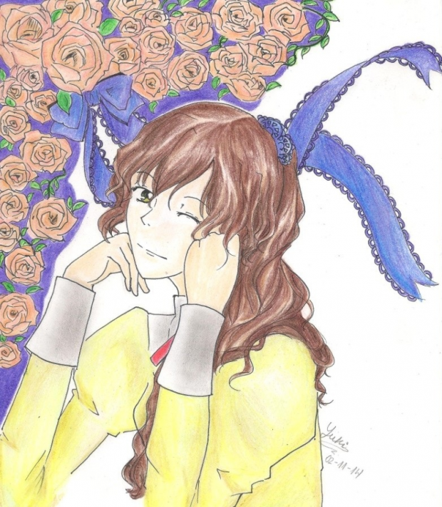 Peach roses and a girl