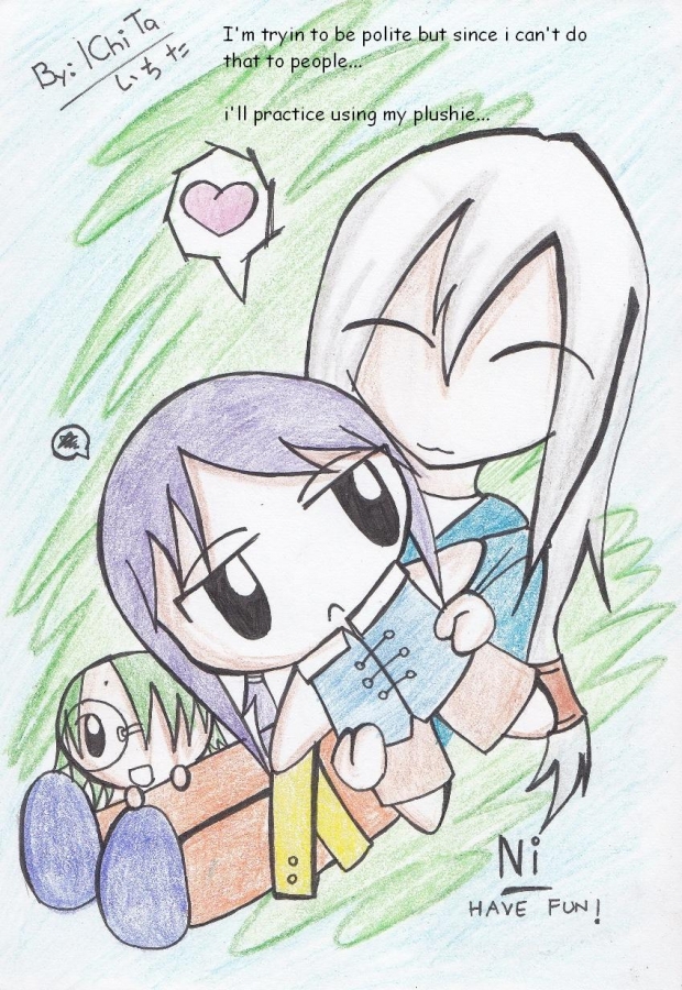 ni and plushie..... tryin to be polite...