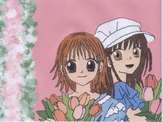 Nina and Ayu with flowers and panle