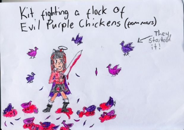 Kit fighting a flock of evil purple chickens