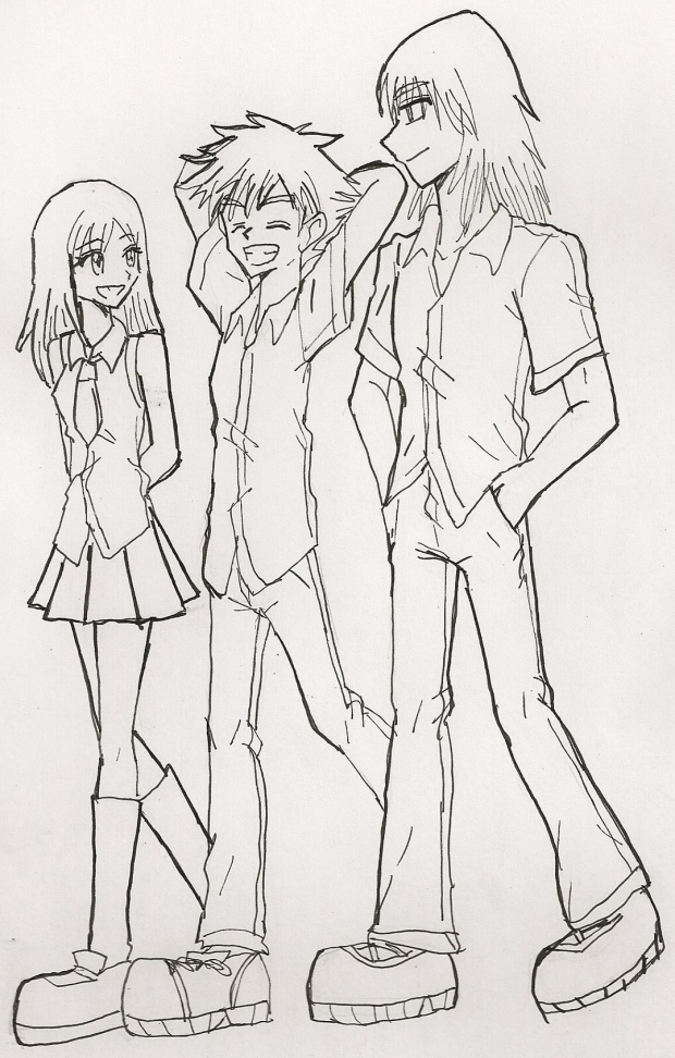 Kairi, Sora and Riku in school uniform