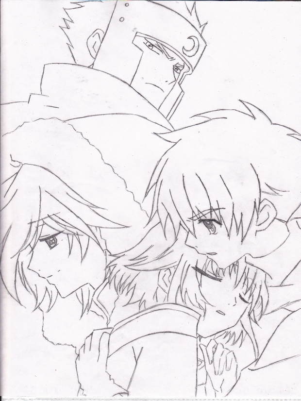 Syaoran, Sakura, Fai, and Kurogane