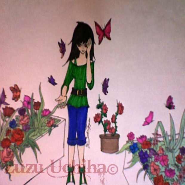 Girl with Flowers and Butterflies