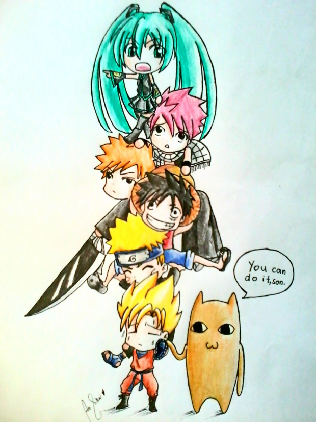 Miku Hatsune and the big 5 slaves with cat